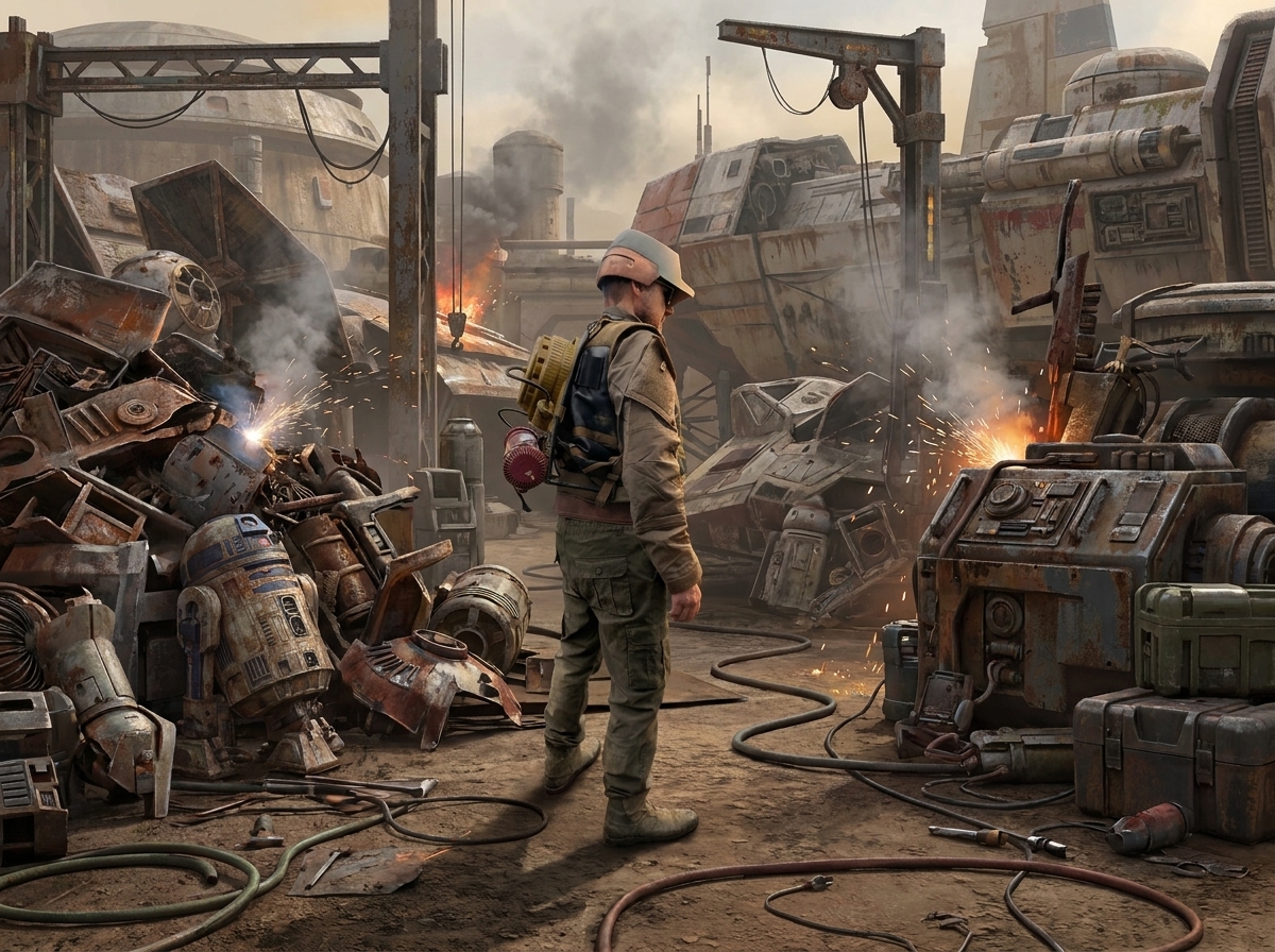 Redflare Models scene with a model maker in a SciFi junkyard surrounded by props and droids